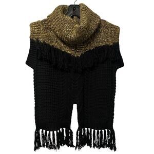 Thakoon Addition Tan Black Wool Blend Turtleck Fringe Sweater Vest Womens XS
